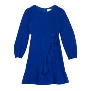 Rare Editions Big Girls Long Sleeve Glitter Knit Faux Wrap Dress - Royal